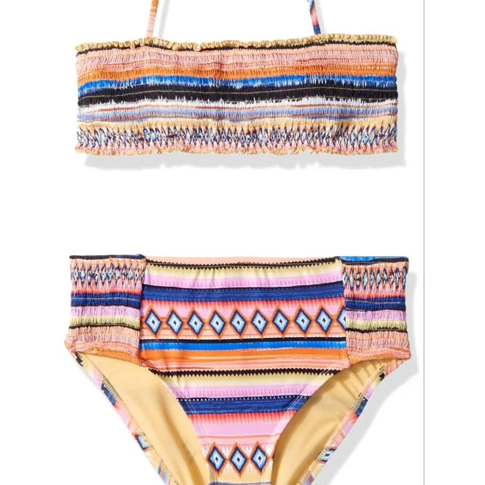 NWT Hobie Girls Two-Piece Swimsuit Set Vibrant Geometric Kids Size 12 & 14
